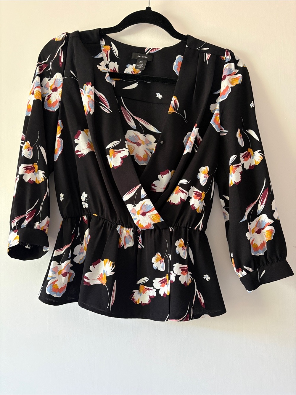 Halogen Black Floral Wrap Blouse